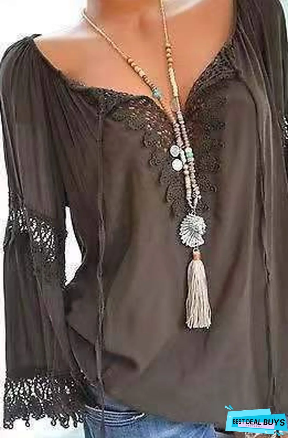 Large Size Women Openwork Lace Long-Sleeved Blouse Solid Color Large V-Neck Casual Tops