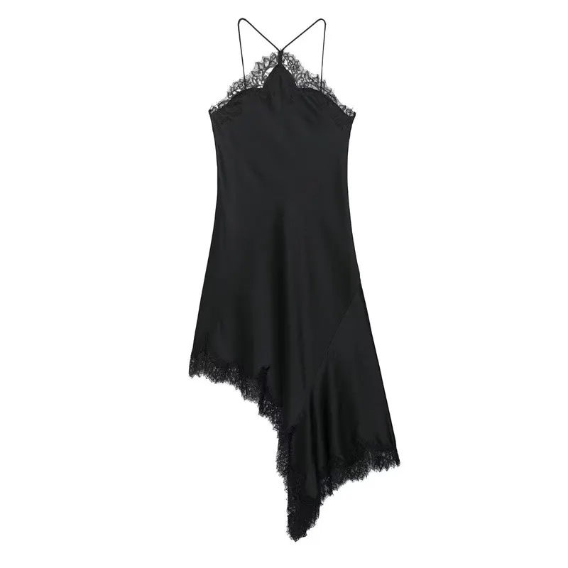 Solid Halter Cross Strap Lace Trim Open Back Irregular Midi Dress