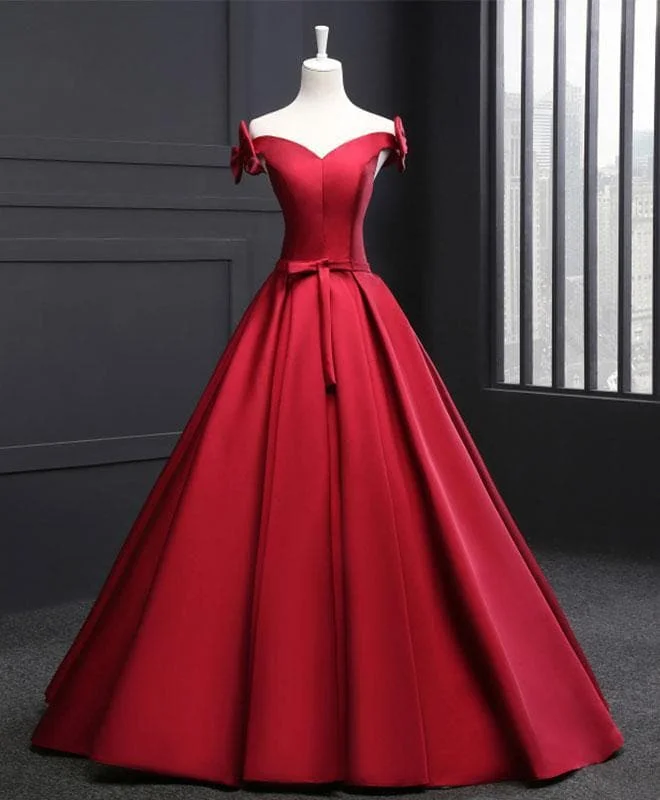 High Quality Burgundy V Nek Satin Long Prom Gown, Burgundy Formal Dress