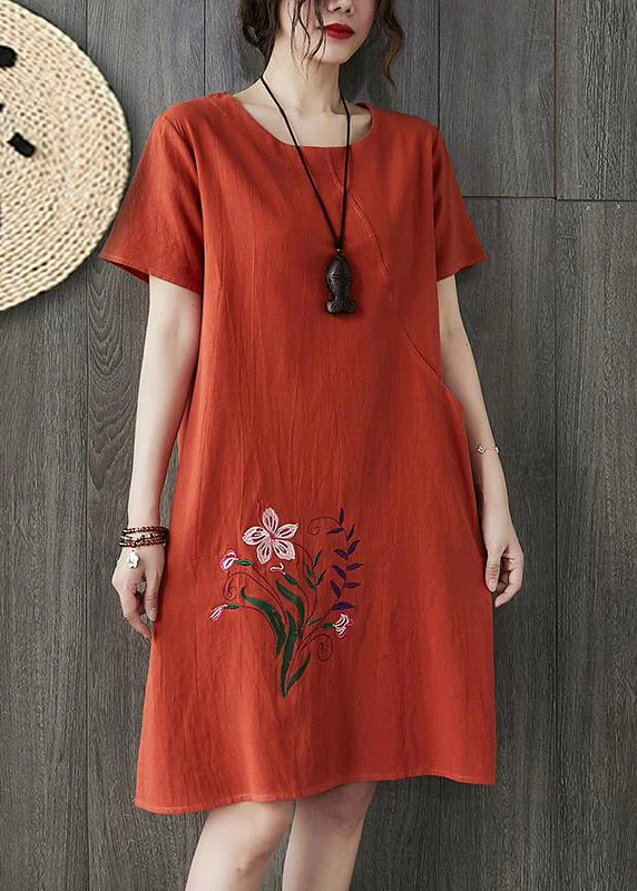 Plus Size Orange O-Neck Embroideried pocket Linen Dresses Short Sleeve