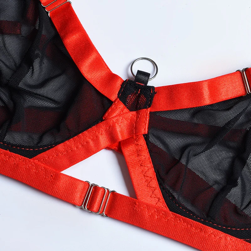 Billionm Lace Lingerie Four Piece Red Black Underwear Set Patchwork Mesh Bra and Panty Sexy See Through Nightwear Sensual Sissy Costume