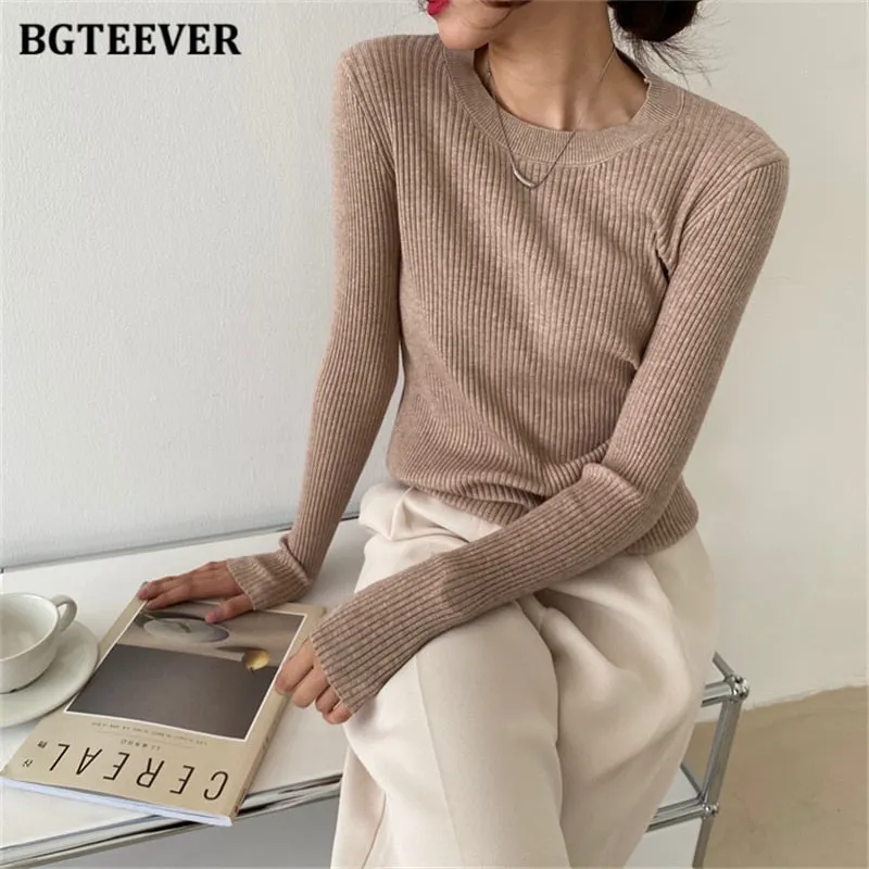 BGTEEVER Fashion New Autumn O-neck Slim Women Sweater 2021 Full Sleeve Stretched Casual Knitwear Skinny Female Knitting Tops