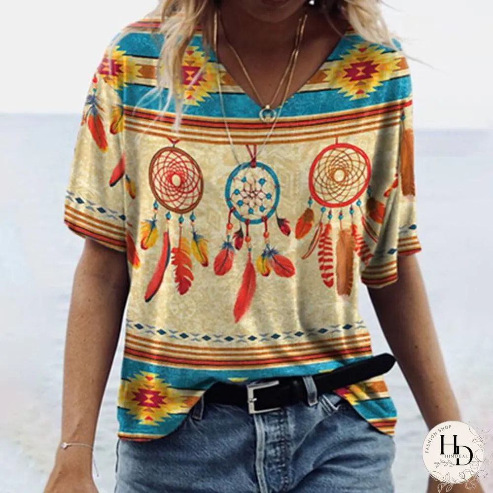 Retro Ethnic Style Short Sleeve  T-Shirt
