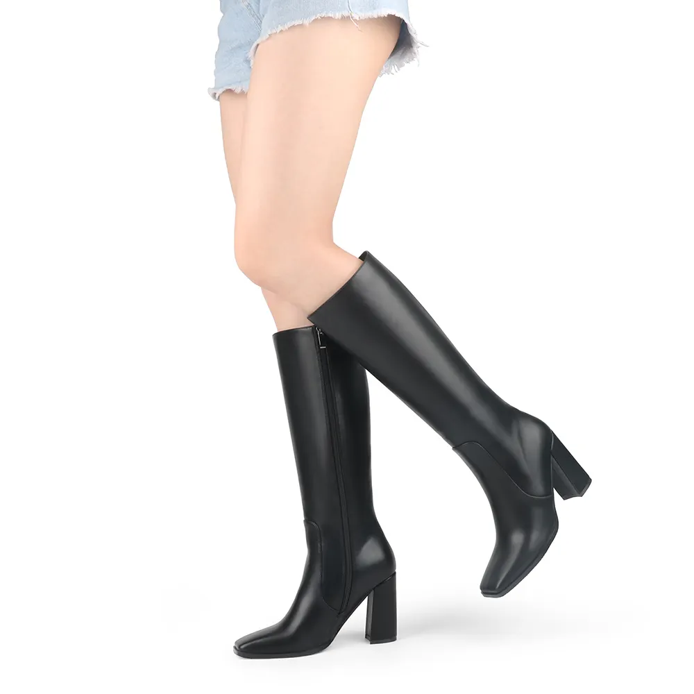 95mm/3.74 Women's Knee High Boots Chunky Heels Square Toe Boots Go Go Boots with Side Zipper-vocosishoes
