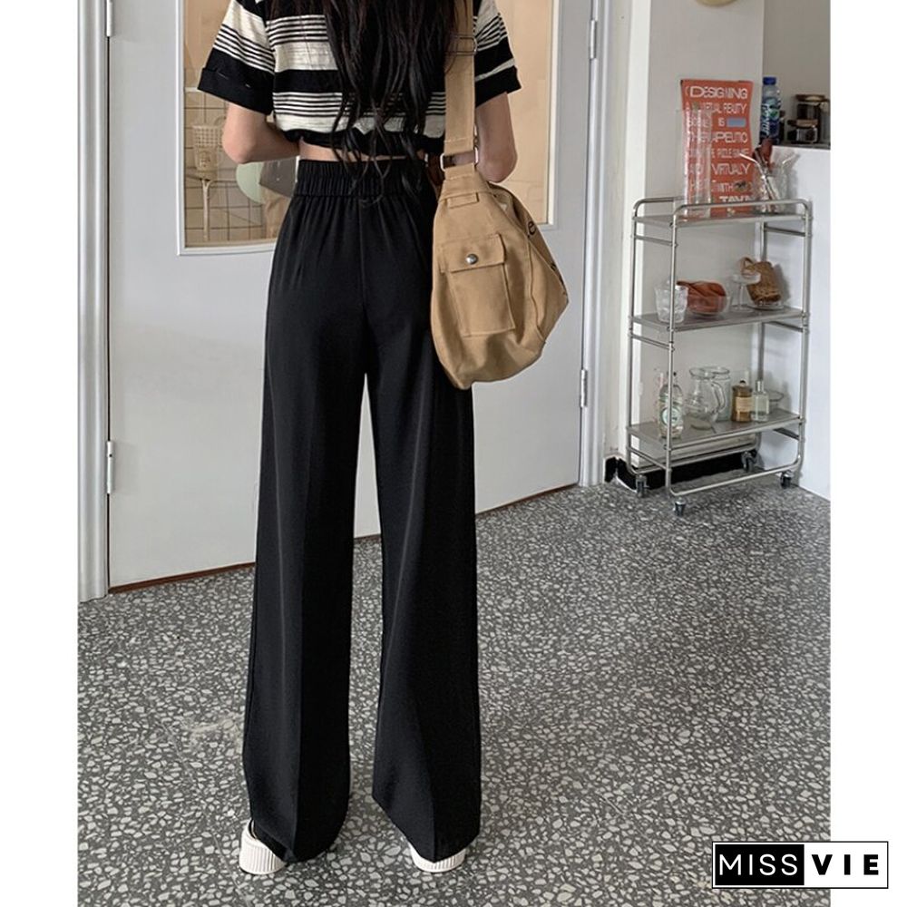 New Two-button Elastic Waist Suit Wide Leg Pants Women High Waist Loose Casual Trouser Female Fashion Baggies Bottom