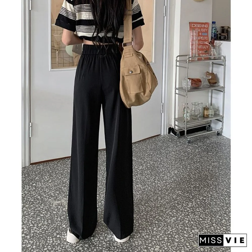 New Two-button Elastic Waist Suit Wide Leg Pants Women High Waist Loose Casual Trouser Female Fashion Baggies Bottom
