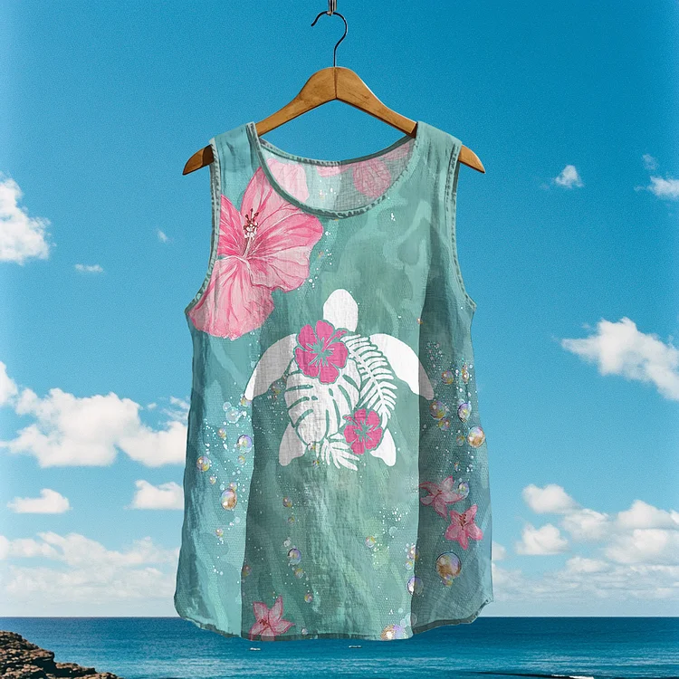 Utbros Women's Loose Sea ​​turtle In Floral Linen Sleeveless Tank Top