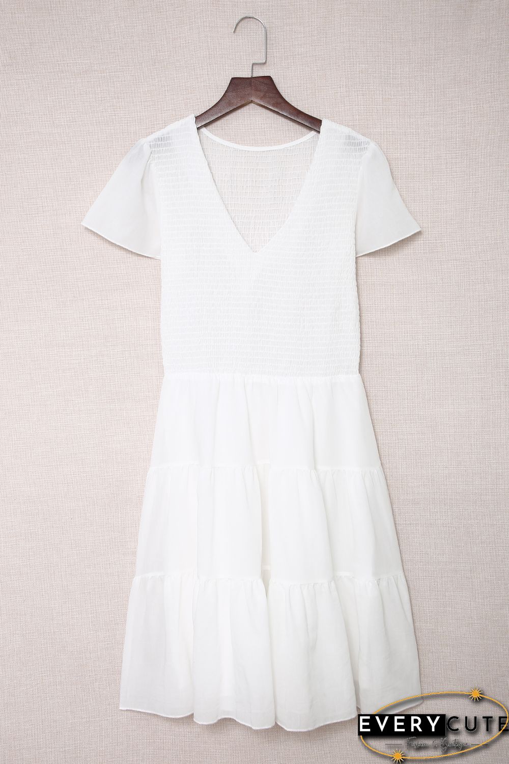 White Solid Smocked Short Sleeve V Neck Mini Dress