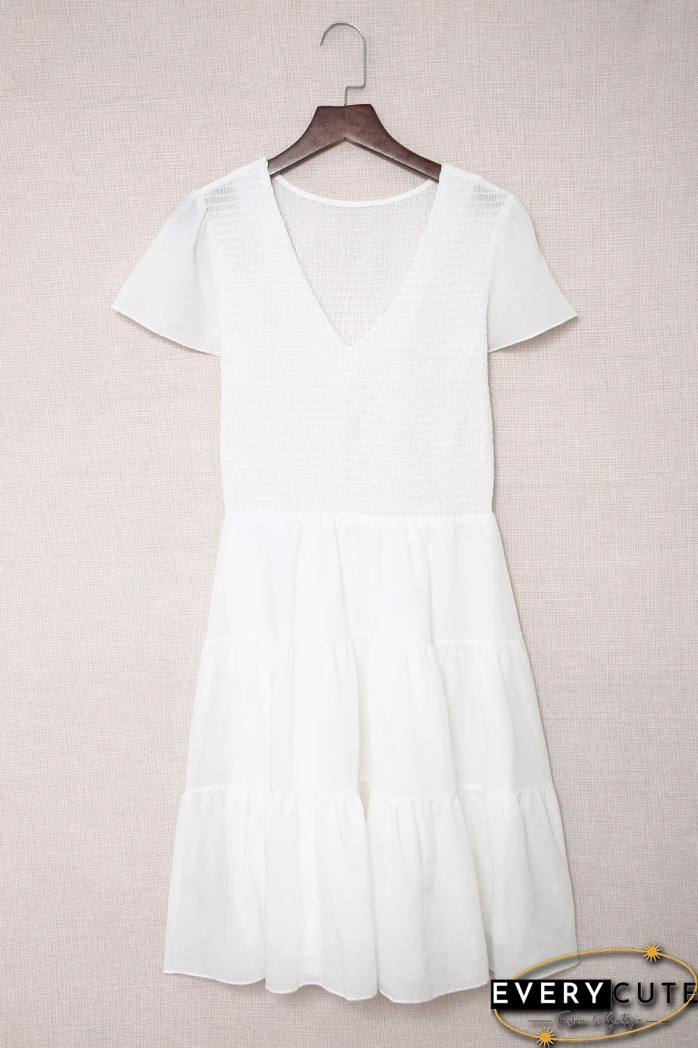 White Solid Smocked Short Sleeve V Neck Mini Dress