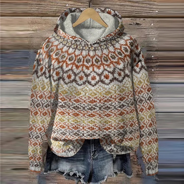 Vintage Geometric Jacquard Hooded Sweater