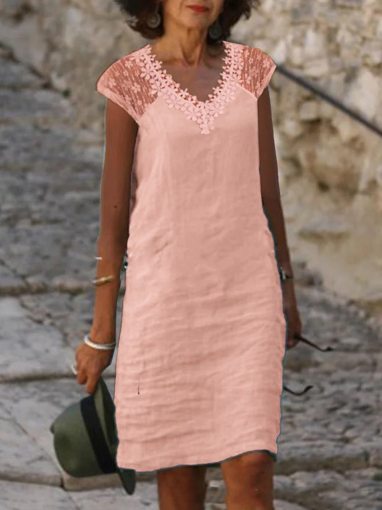 Women's Floral Lace Hollow V-Neck Short Sleeve Maxi Dress