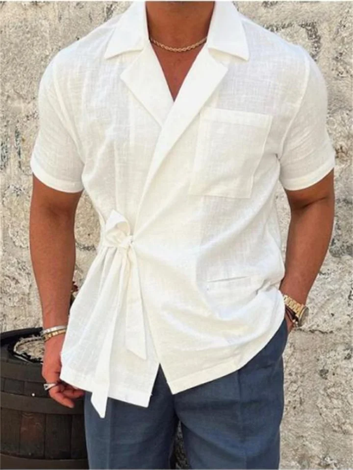 Summer Men's Solid Color Cotton Linen Suit Lapel Tie Short Sleeve Shirt