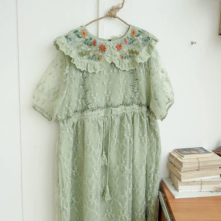 Queenfunky cottagecore style Lace Embroidered Dress QueenFunky