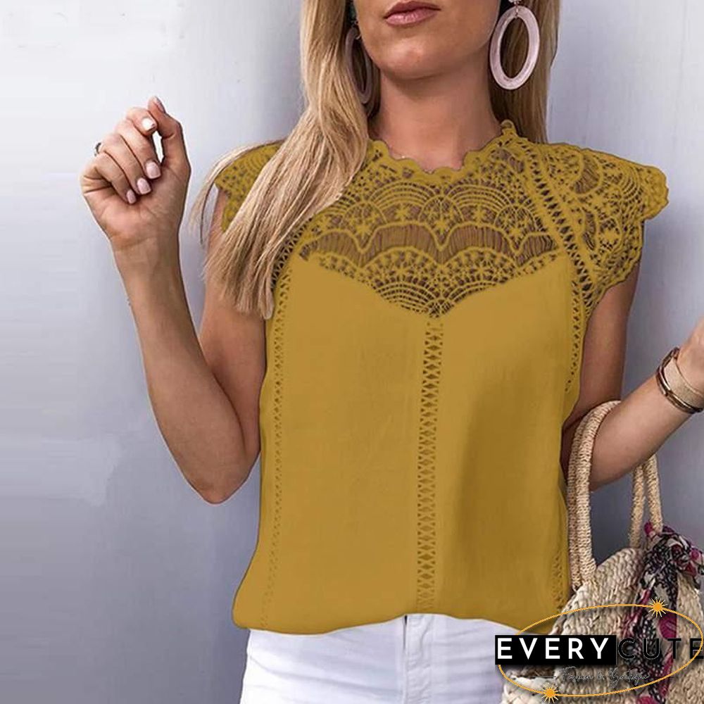 Women Blouse Sexy Sleeveless Lace OL Office Ladies Shirt Hollow Party Tops