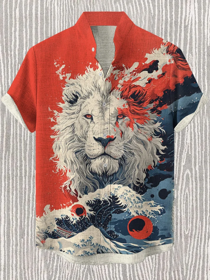 Men's Japanese Wavy Lion Print Casual T-Shirt