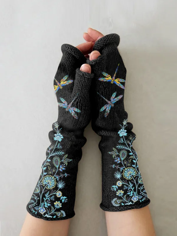 (Ship within 24 hours)Retro casual print knit fingerless gloves
