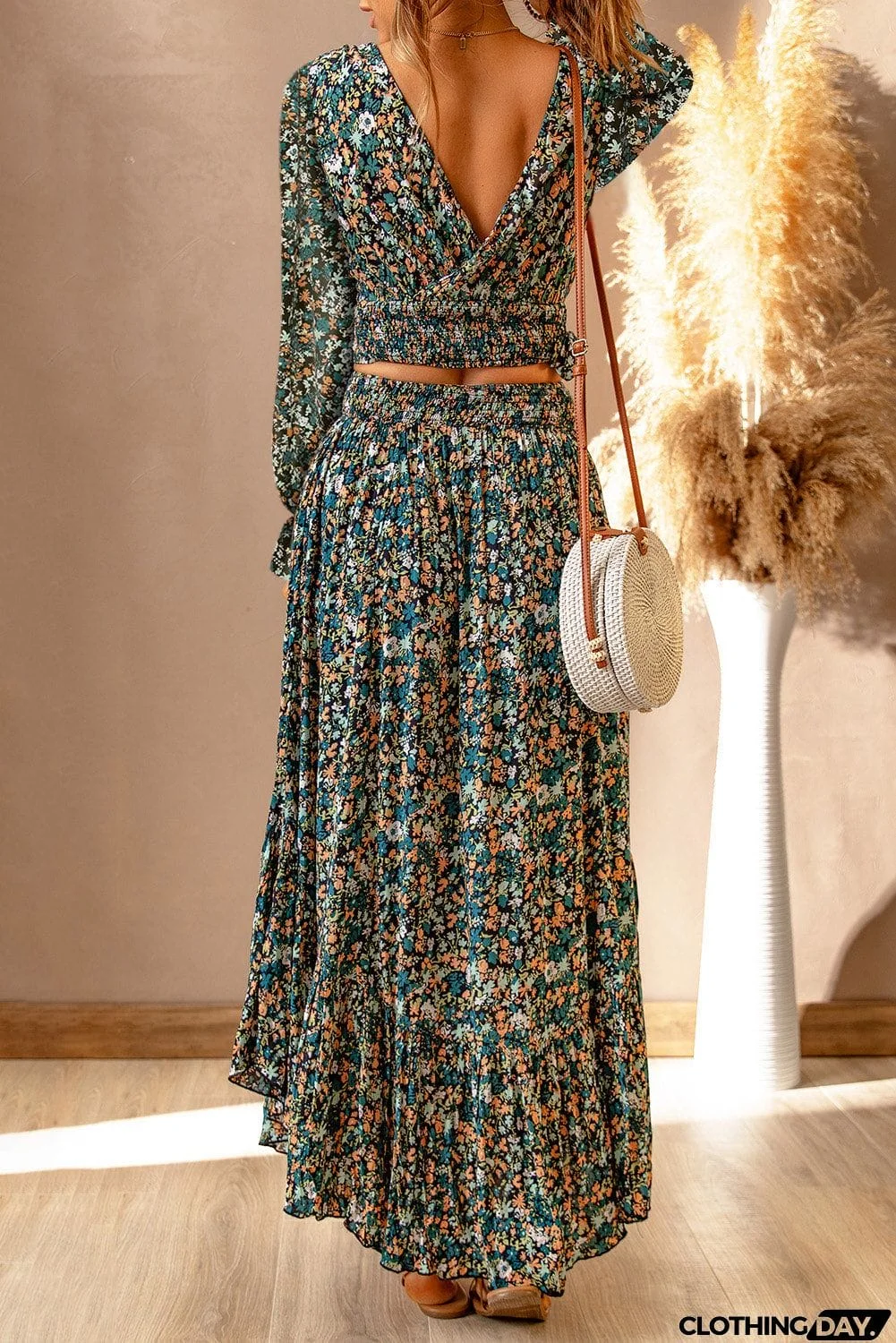 color Floral Bishop Sleeve V Neck Top and Maxi Skirt Set