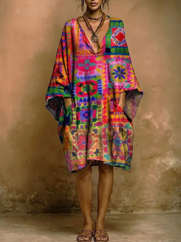 Women's Bohemian Ethnic Style Colorful Print Short-sleeve Cotton-linen Dress