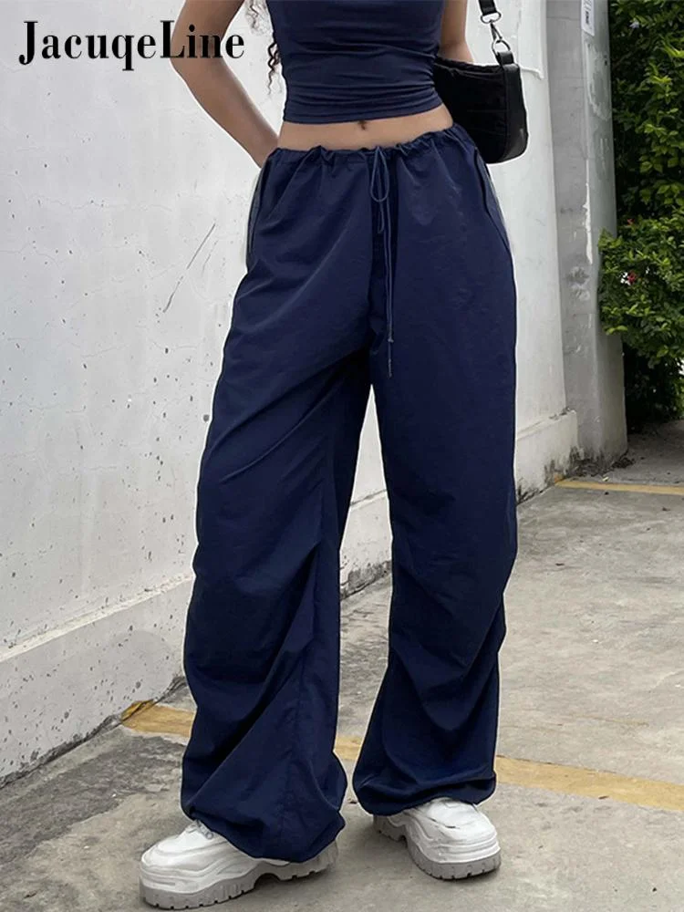 Jacqueline 2022 Summer y2k Blue Cargo Pants Womens Outifit Drawstring Baggy Sexy Crop Top and Low Waist Wid Leg Pant Set Fashion
