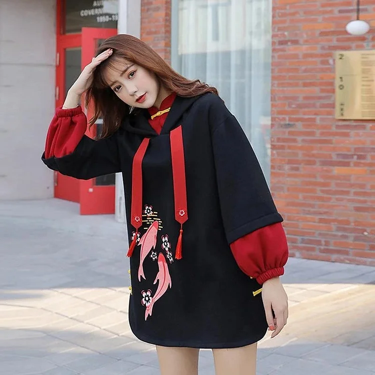 Button Tassels Koi Fish Hoodie Dress