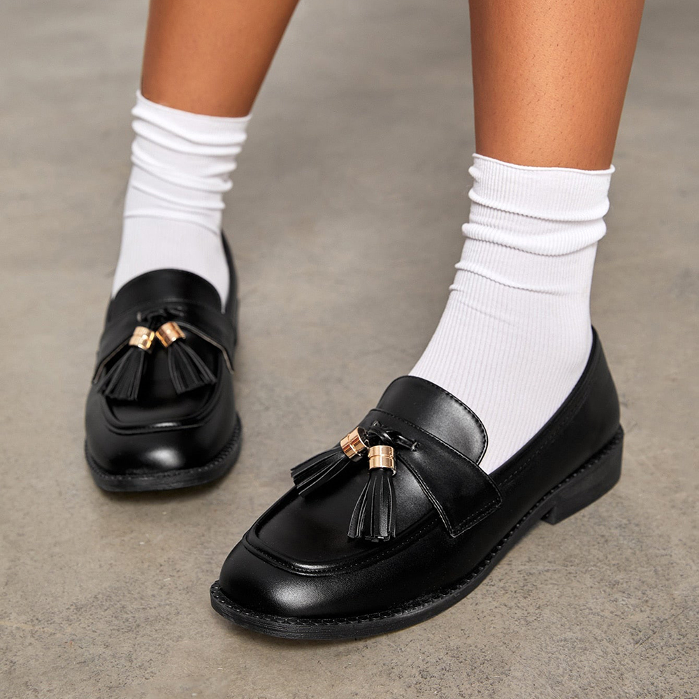 Classic Black Round Toe Tassels Decor Flat School Women's Loafers Nicepairs