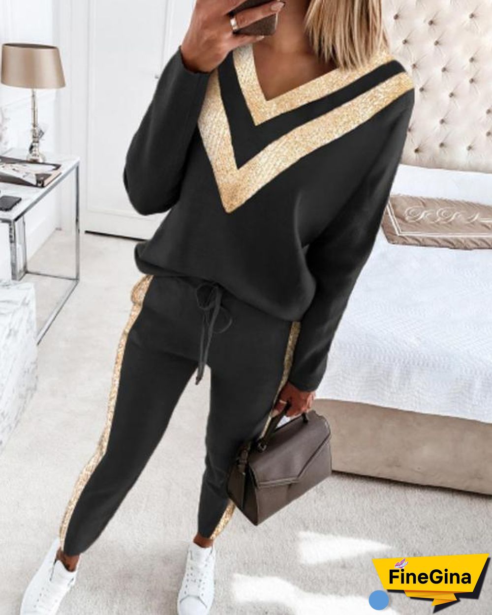 New Contrast Plaid Top & Drawstring Pants Set