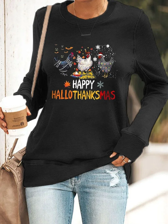 Women's Happy Hallothanksmas Chicken Print Casual Sweatshirt