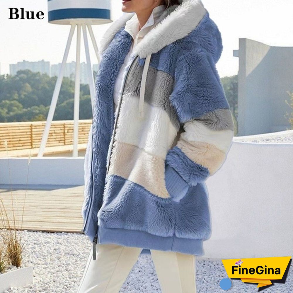 New Winter Women's Jacket Hooded Warm Plush Loose Jacket for Women Patchwork Winter Outerwear Faux Fur Zipper Ladies Parka Coat Plus Size