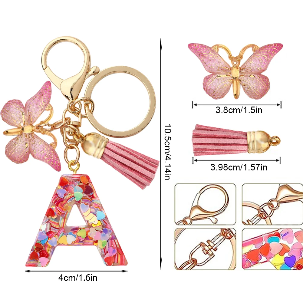 Resin Initial Letter Keychains Alphabet Letter Keychain Pink Tassel Butterfly Key Ring