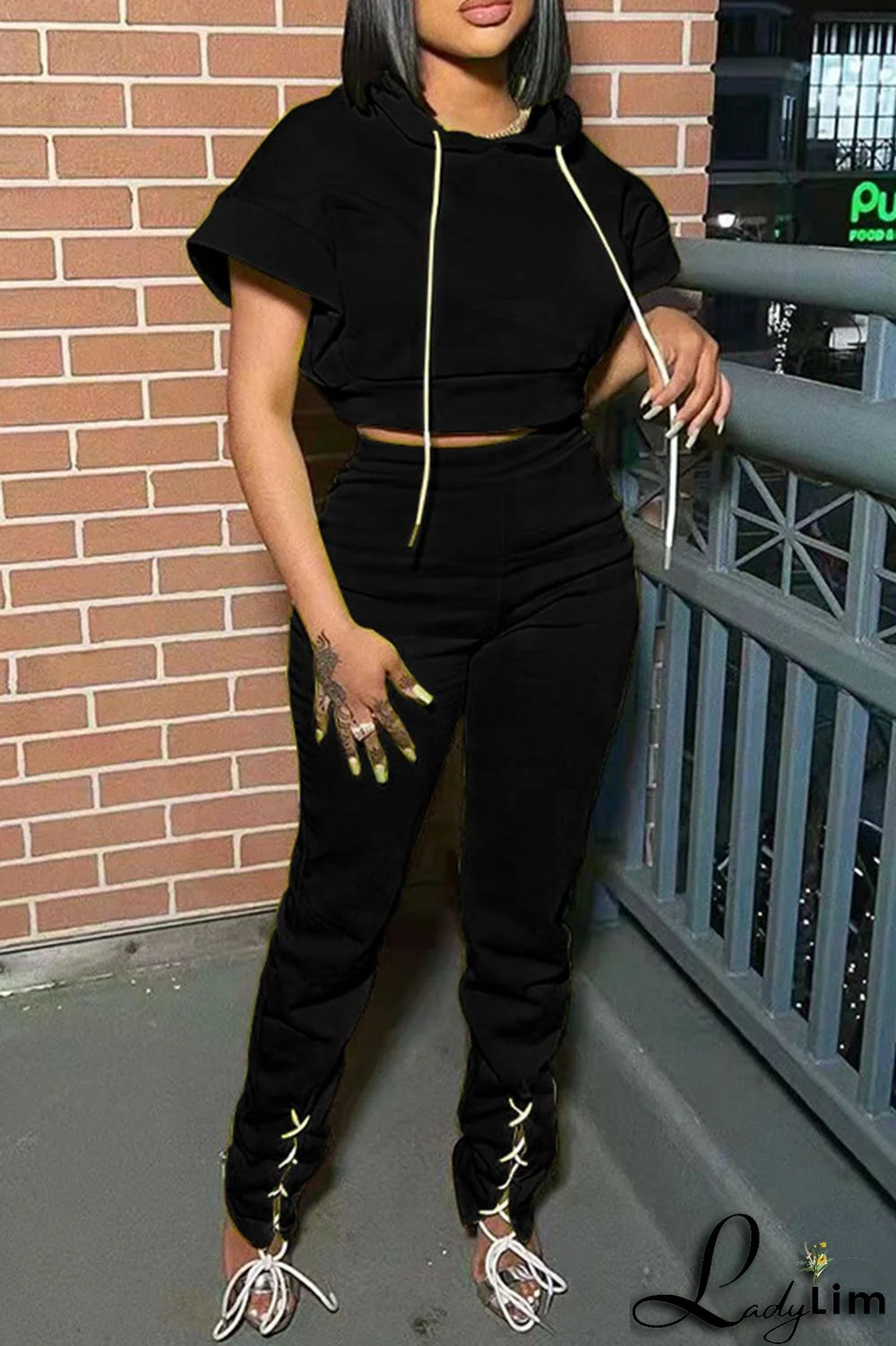 Yellow Casual Solid Split Joint Hooded Collar Short Sleeve Two Pieces