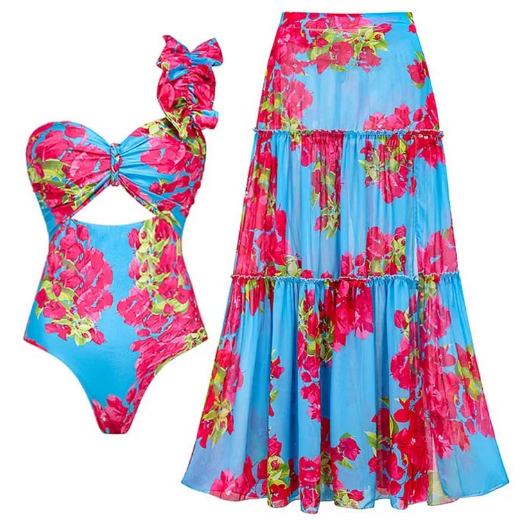 Ruffle Removable Shoulder Strap Pink Bougainvillea Flower Printed One Piece Swimsuit and Skirt Flaxmaker