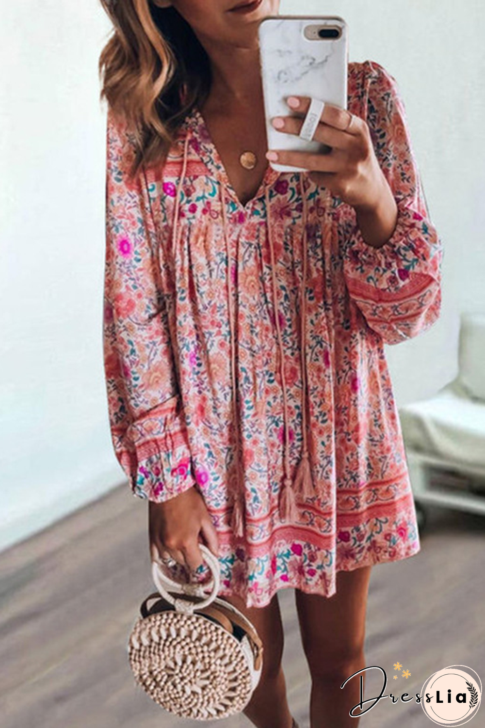 Casual Print Split Joint V Neck Cake Skirt Dresses