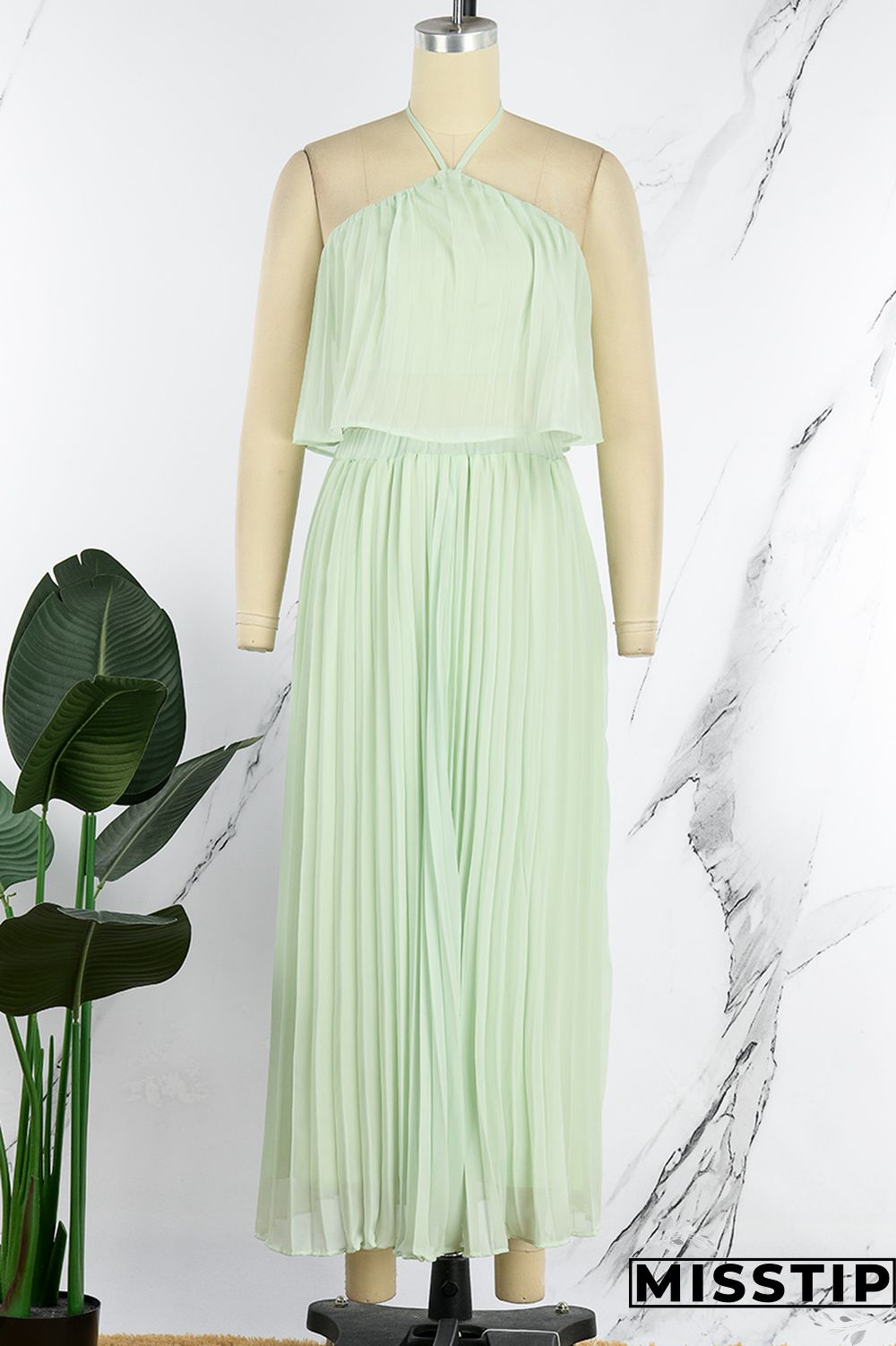 Mint green Casual Solid Bandage Backless Pleated Halter Sleeveless Two Pieces