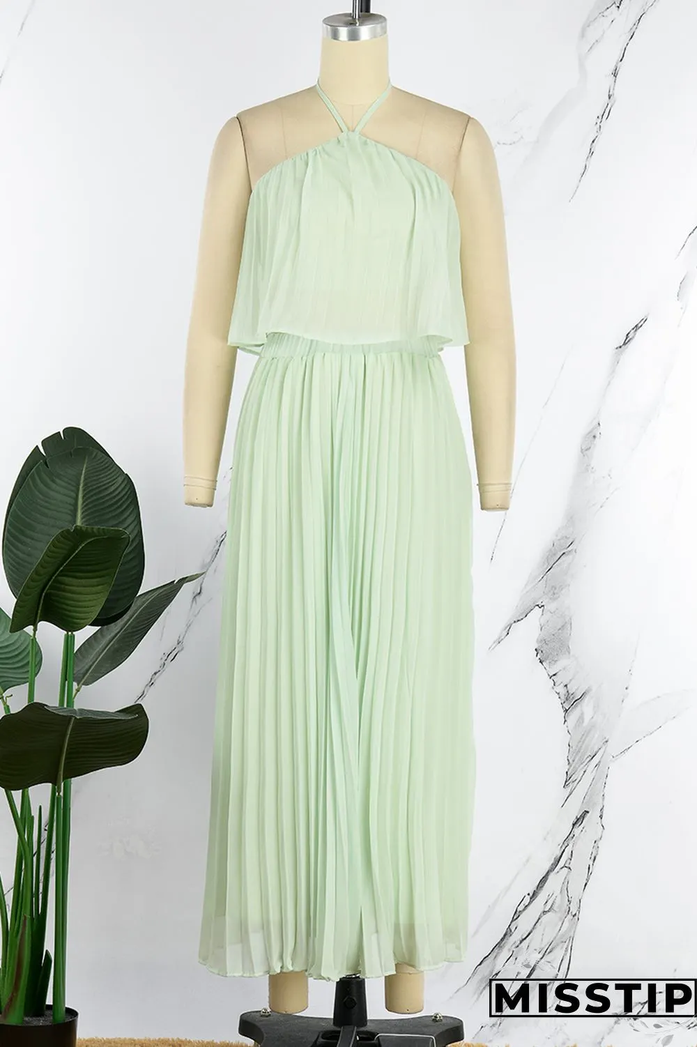 Mint green Casual Solid Bandage Backless Pleated Halter Sleeveless Two Pieces