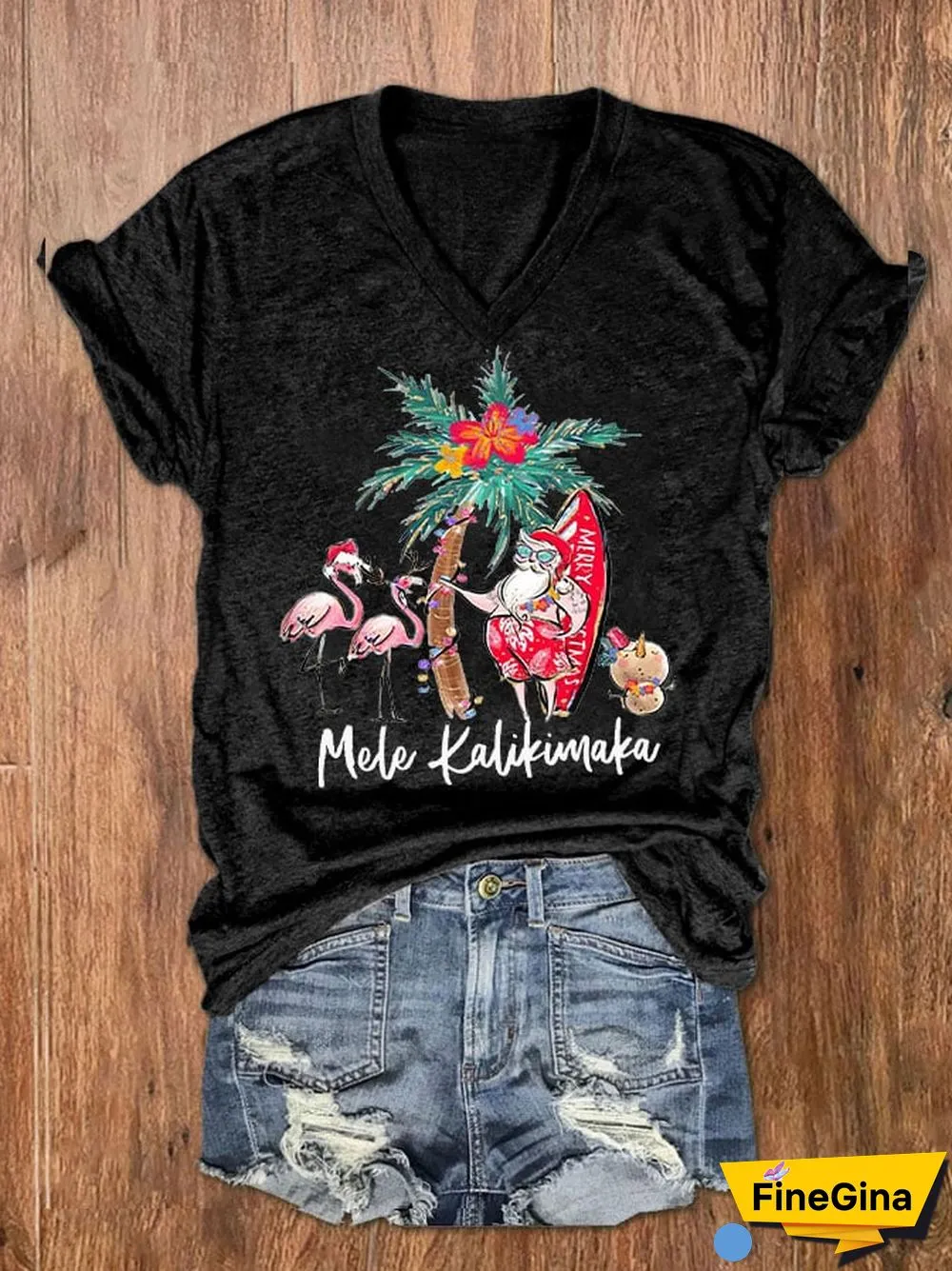 Women's Mele Kalikimaka Hawaii Christmas Print V-Neck T-Shirt