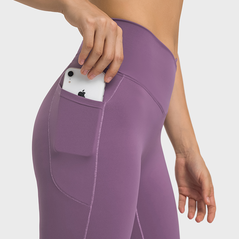 Buy Hergymclothing Saffron Purple no front seam high waist criss cross capri leggings with side pockets online