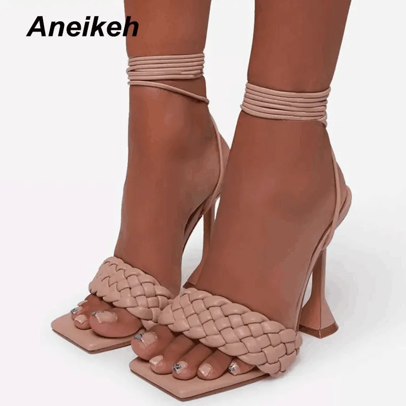 Aneikeh Sexy PU Cross-Tied Sandales Summer 2021 NEW Peep Toe High Heel Solid Fashion Slip On Slides Ladies Gladiator Party Shoes