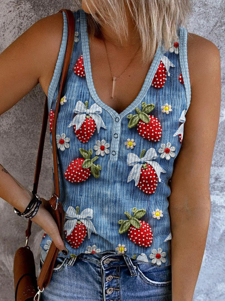 Comstylish Knitted Strawberry & Flower Button Up Tank Top