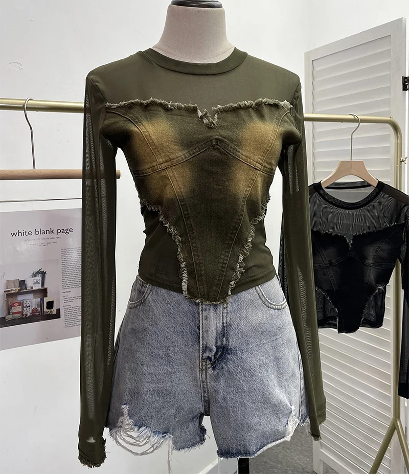 Zingj Real Shooting Hottie Water Wash Side Of The Cowboy Splicing Mesh Yarn Long Sleeve Blouse Short High-Waisted T-Shirt 1366