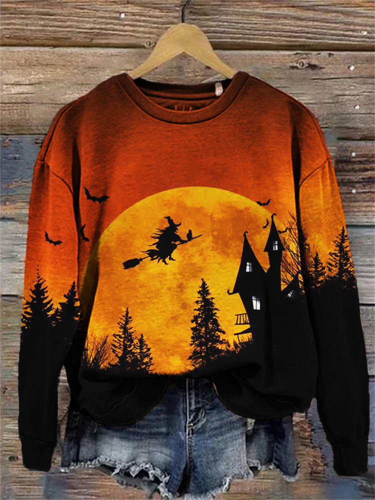 Halloween Witch at Full Moon Night Forest Contrast Sweatshirt wearshes