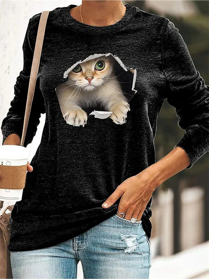 Women's Cat Digital Print Pullover Tops Casual Loose Round Neck Long Sleeve T-shirt Black Yellow-Cosfine