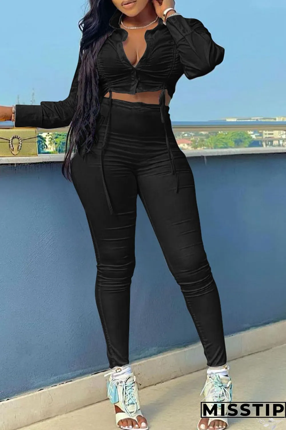 Coffee Sexy Solid Patchwork Buckle Fold O Neck Long Sleeve Two Pieces