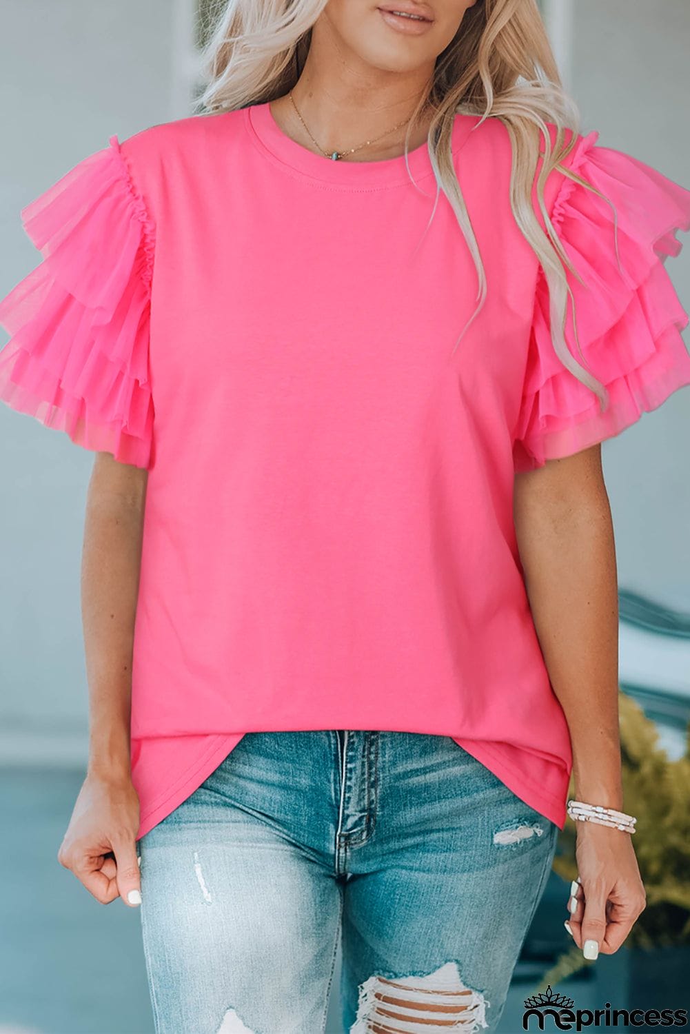 Layered Mesh Sleeve Round Neck Tee