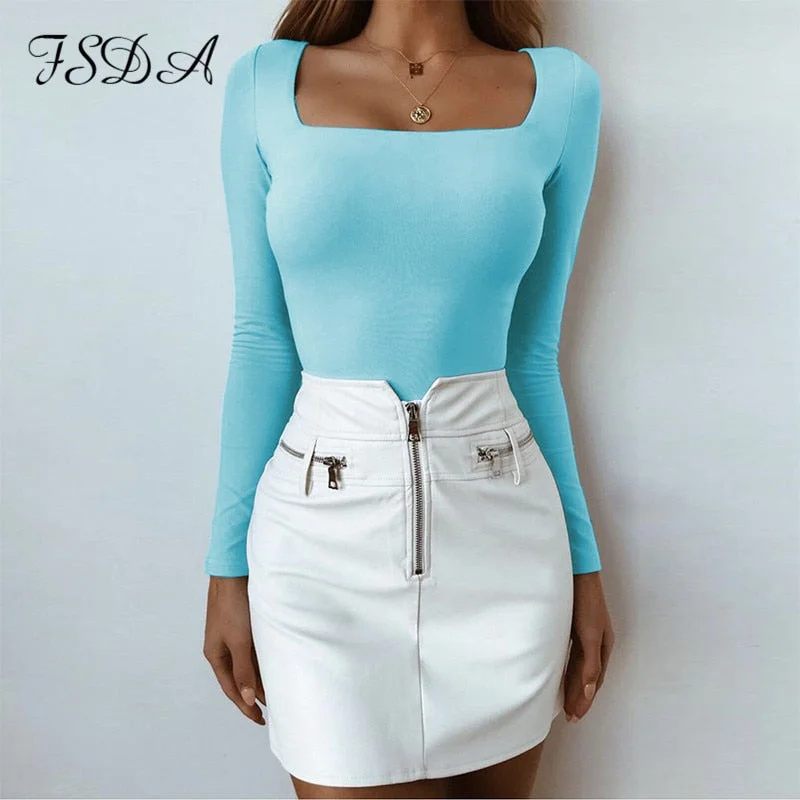 FSDA Suqare Neck Casual Long Sleeve T Shirt Women Sexy Top Black White Autumn Spring Summer Red Tee Basic Ladies Shirt Top