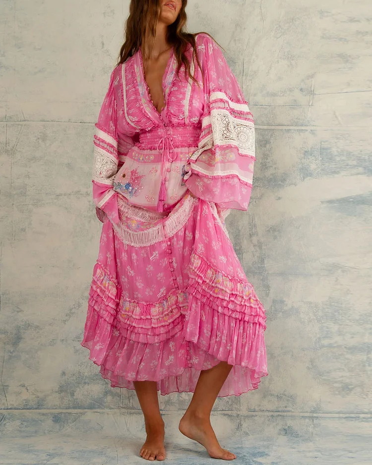 Luxe Floral Embroidery Lace Insets Kimono Sleeves Mesh Tulle Dress