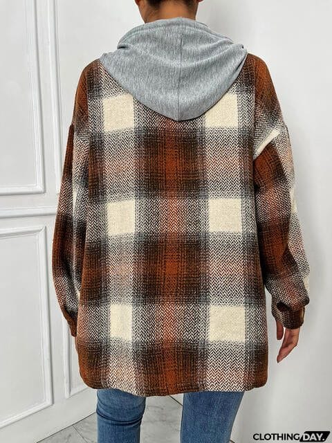 Plaid Drawstring Hooded Jacket