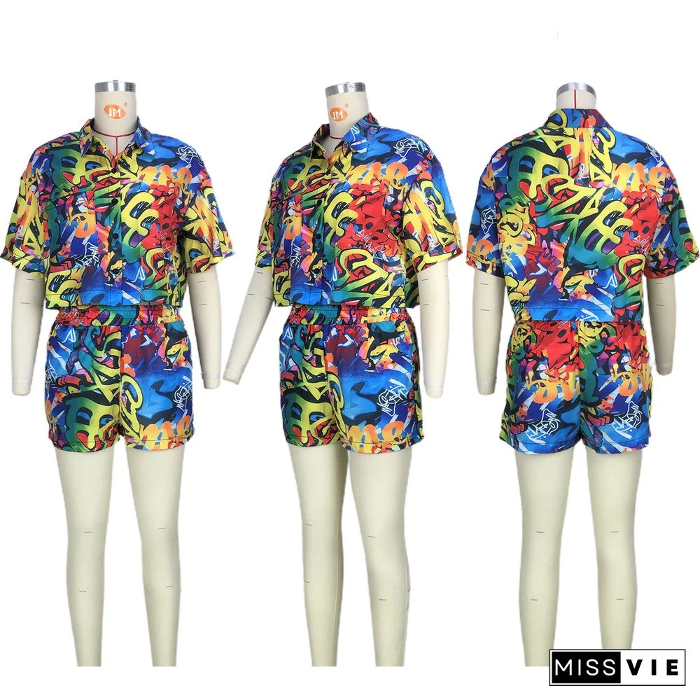 Abstract Printing Short Sleeve Shirts and Shorts Set