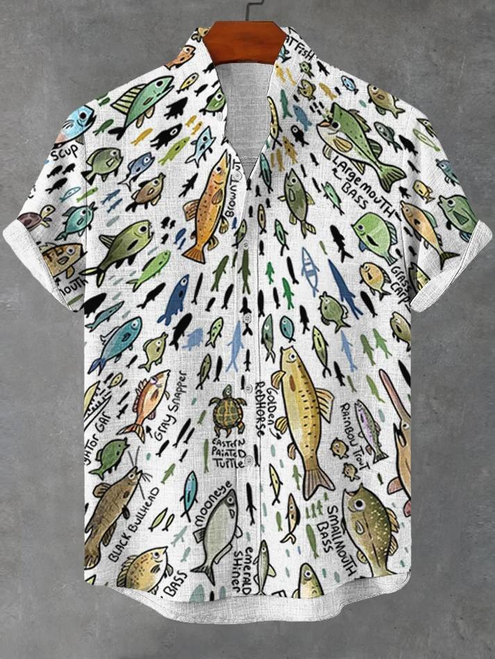 Men's Shoal Of Fish Cartoon Art Print Linen Blend Shirt
