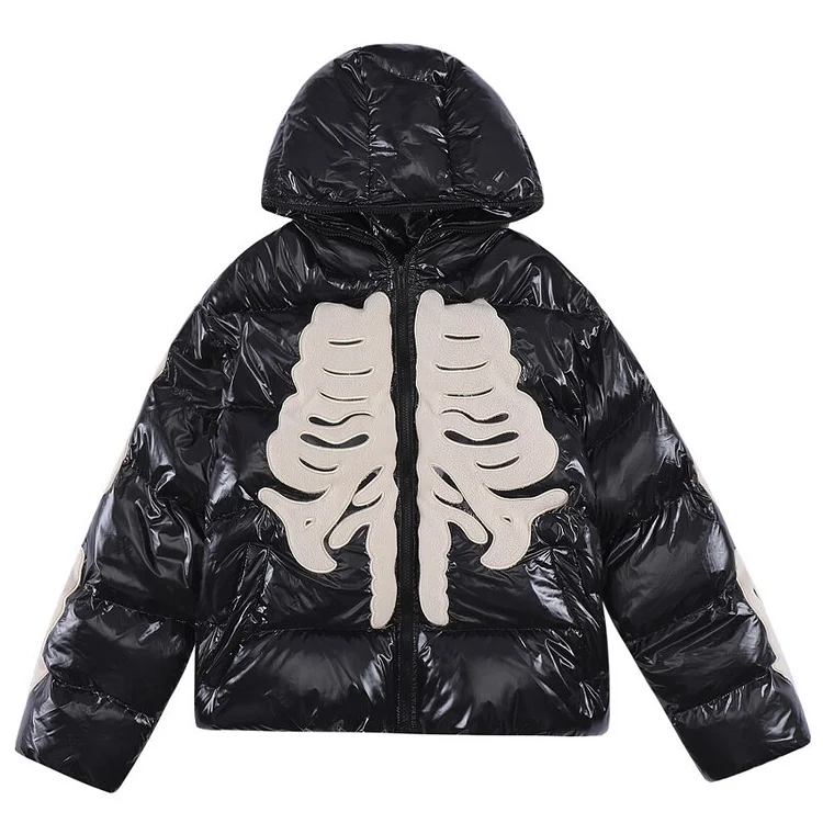 Men's Bright Hooded Padded Parkas Harajuku Skeleton Patch Coats Winter Thick Warm Hip Hop Waterproof Loose Puffer Jackets Unisex