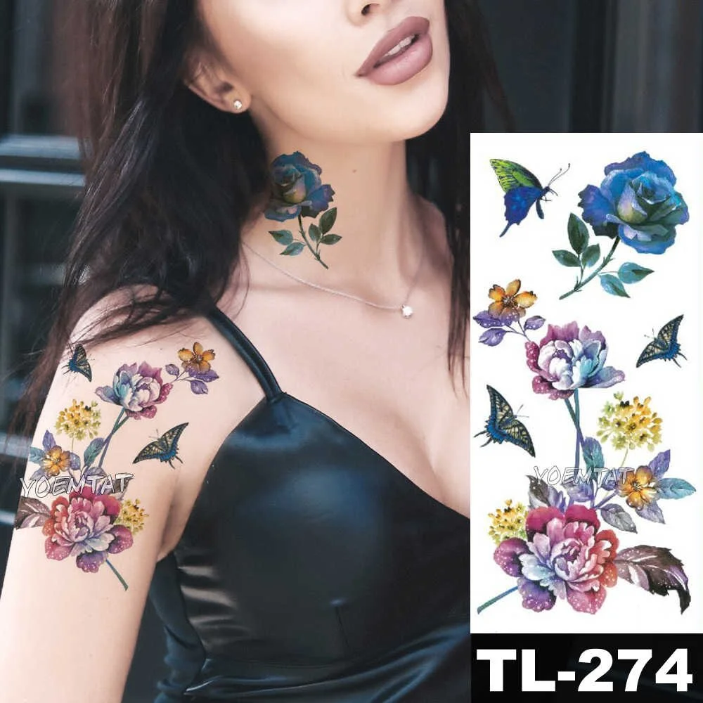 Sdrawing Watercolor Rose Lily Flower Waterproof Tattoo Stickers Women Body Chest Art Temporary Tatto Girl Waist 3D Flowers Tatoo